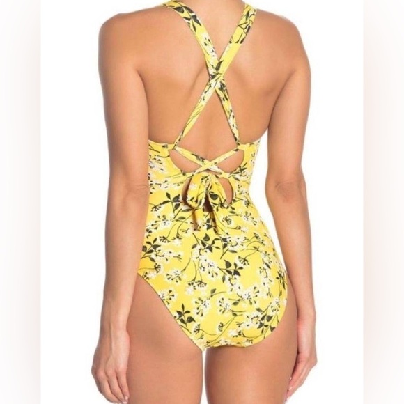 La Blanca Shine Plunge One-Piece Yellow Floral Swimsuit Size 12 - Picture 3 of 14